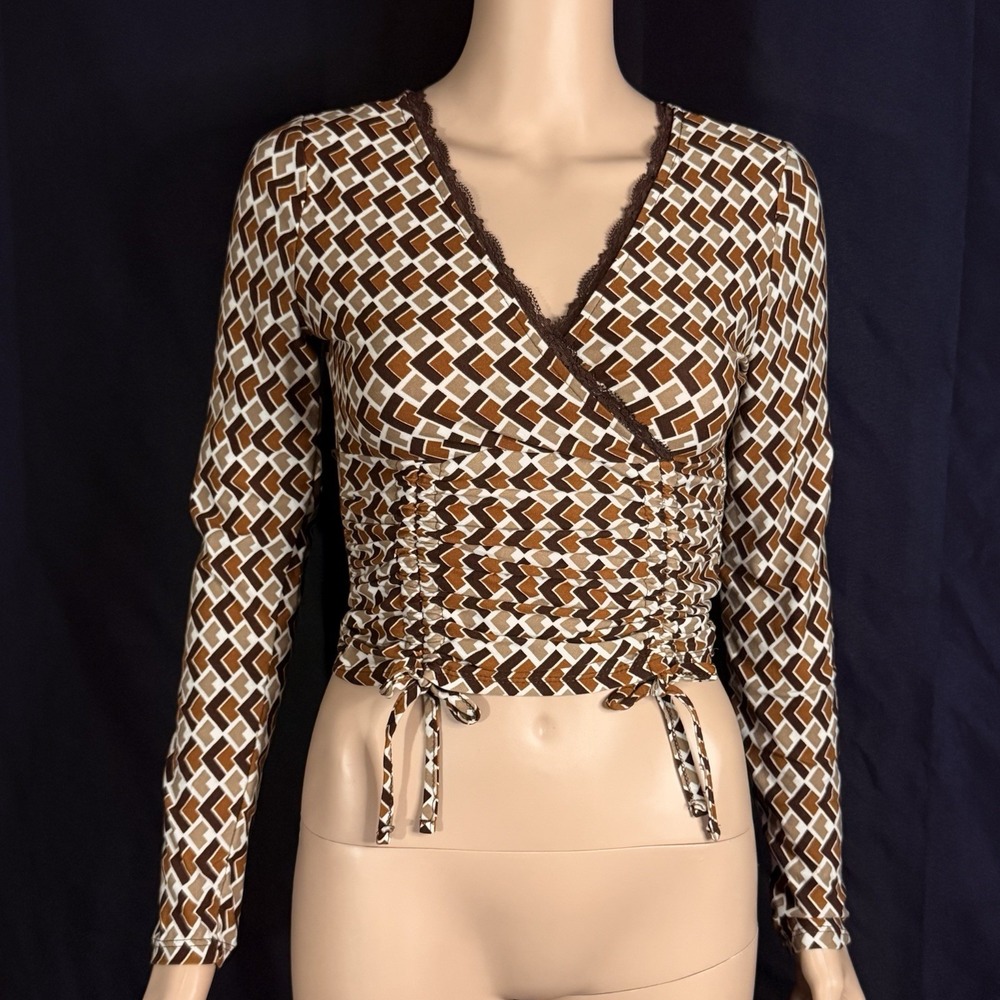 Brown Long-Sleeve Crossover Faux-Wrap Vneck Crop Top Lace Trim Ruched Drawstring